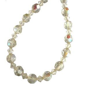 Vintage Faceted Aurora Borealis Crystal Beaded Necklace Spring Ring Closure AB M